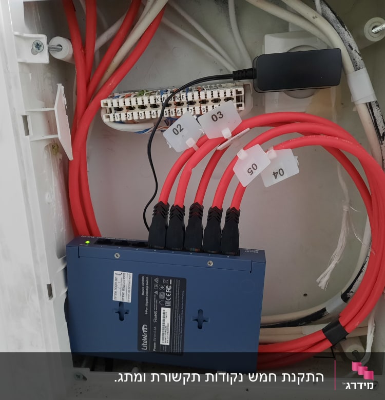 ארון תקשורת עם כבלים אדומים ומתג רשת